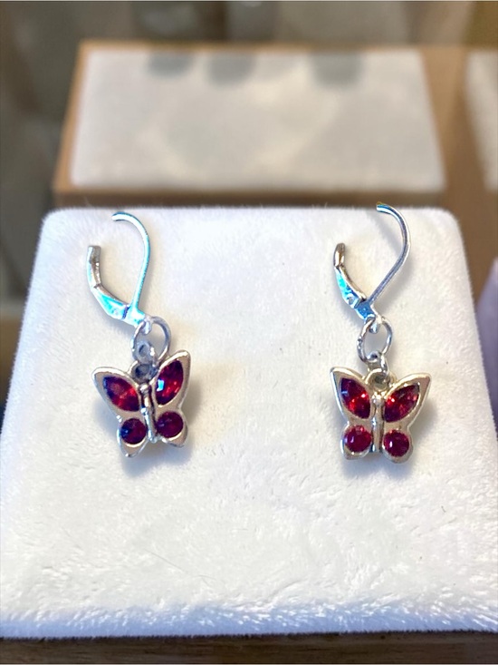 Alaska Wild Rose Designs Jewelry - Sterling Butterfly Drop Earrings with Red Stones